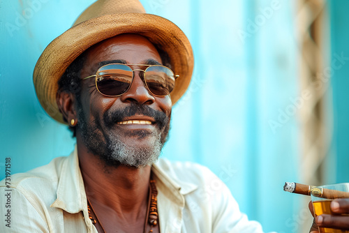 Cuban dark-skinned man in straw hat with cuban cigar and glass of rum or cognac on blue wall street background. Summer vacation concept. Copy space. Cuba holiday concept.