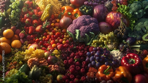 An abundant assortment of fresh fruits and vegetables, with vibrant colors ranging from green grapes to purple cauliflower, symbolizing diversity in healthy eating.