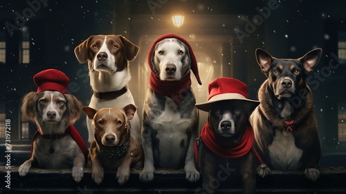 Five adorable dogs dressed in red hats and scarves posing on a snowy night with vintage streetlamp background.