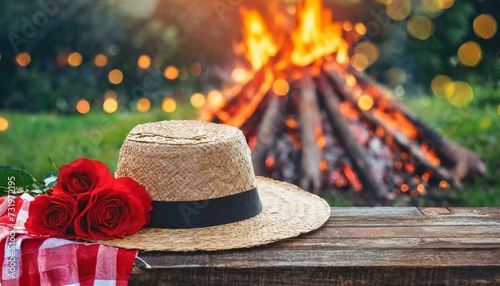 Chapéu de palha de festa junina em uma mesa e uma fogueira ao fundo photo