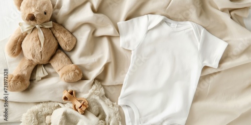 White cotton baby short sleeve bodysuit, teddy bear and natural wooden toy on beige blanket throw background. Infant onesie mockup. Blank gender neutral newborn bodysuit mock up template. Top view photo