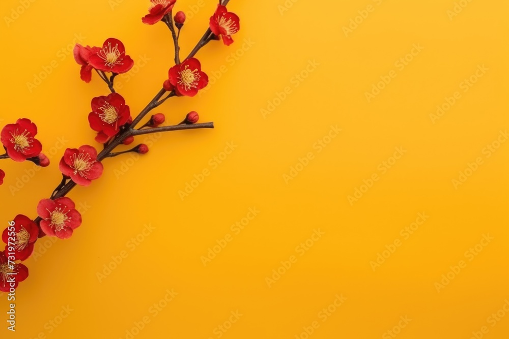 Chinese New Year. Blossom apricot branch on yellow background Chinese New Year. Blossom apricot branch on yellow background