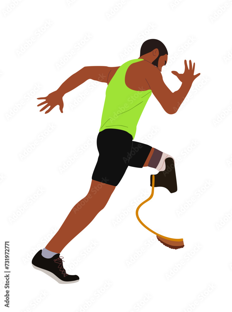 Young sports man with disability running. Male athlete with prosthetic leg participating in competition. Inclusive Healthy lifestyle concept. Vector illustration isolated on white background.