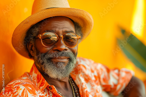 Cuban dark-skinned man in straw hat with cuban cigar and glass of rum or cognac on yellow wall street background. Summer vacation concept. Copy space. Cuba holiday concept.