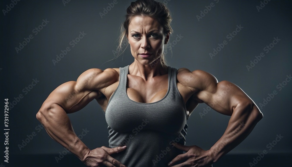Obraz premium Muscular Woman Showcasing Power and Fitness Triumph