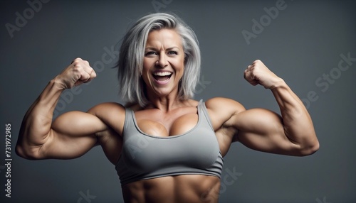 Smiling Woman with Muscular Strength and Colorful Confidence