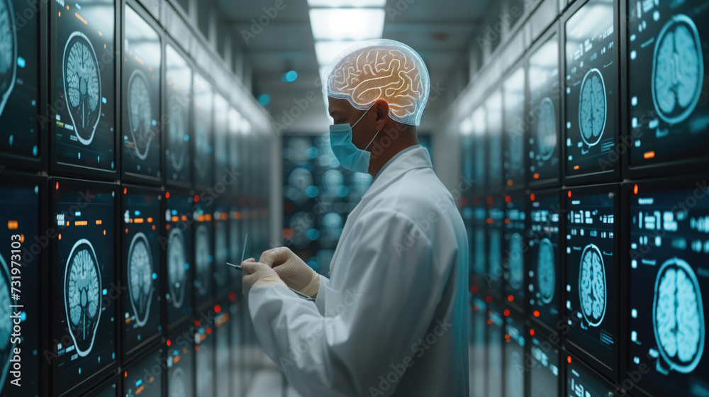 Modern technology in health care medical diagnosis of the brain Online medical infographic concept Artificial intelligence helps integrate and analyze data about health patients. - obrazy, fototapety, plakaty 