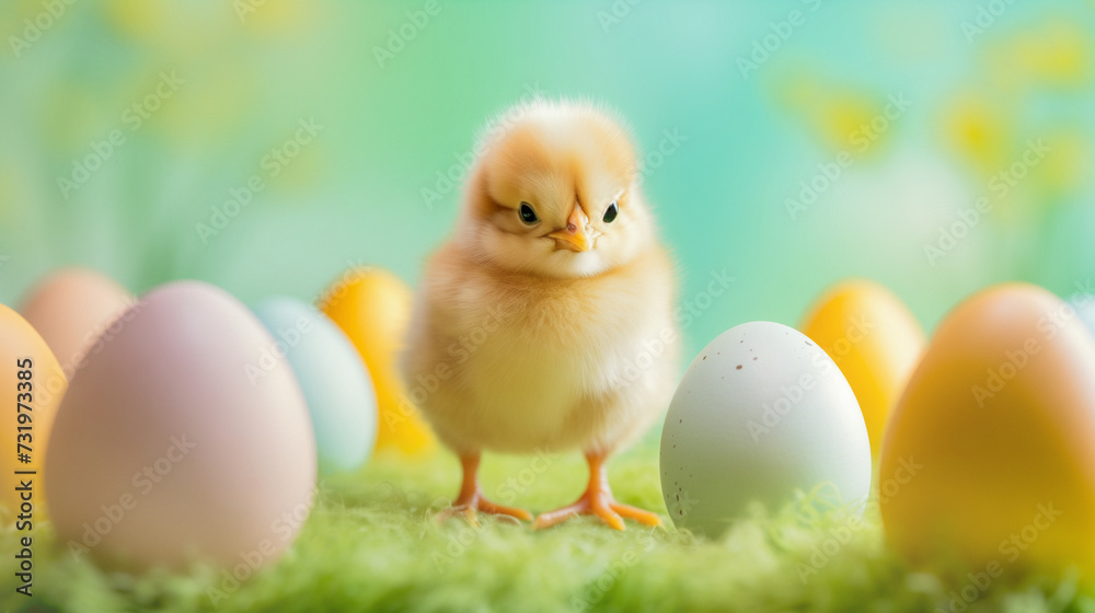 Happy Cute Easter Egger chick with colorful eggs and green grass.