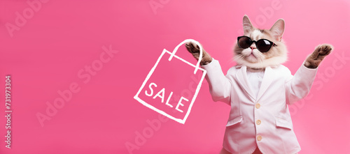 Stylish cat in sunglasses and jacket holding a SALE shopping bag on a vibrant pink backdrop. Perfect for quirky marketing