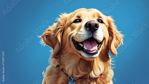 Portrait of smiling golden retriever on blue background. Copy space photo