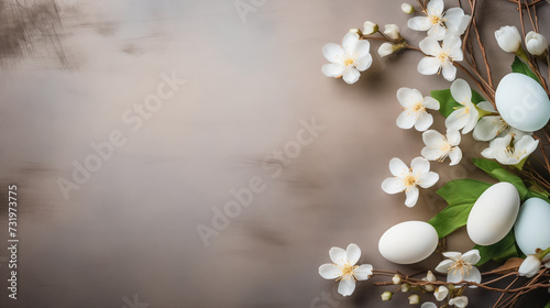 Easter background featuring eggs and spring flowers   top view.
