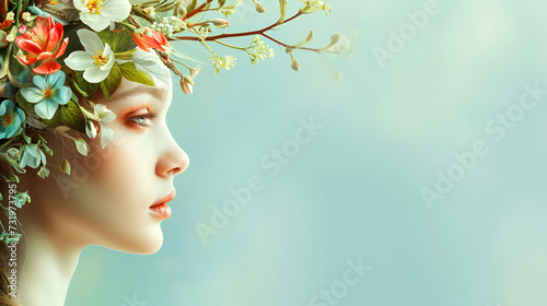 A profile of a woman with spring flowers adorning her hair, against a blue background, Womens Day