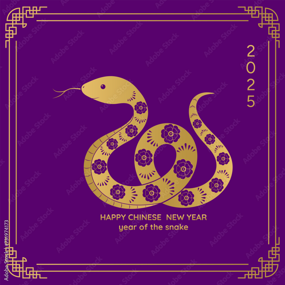 Obraz premium Happy Chinese New Year 2025. Violet background with golden snakes. Vector illustration