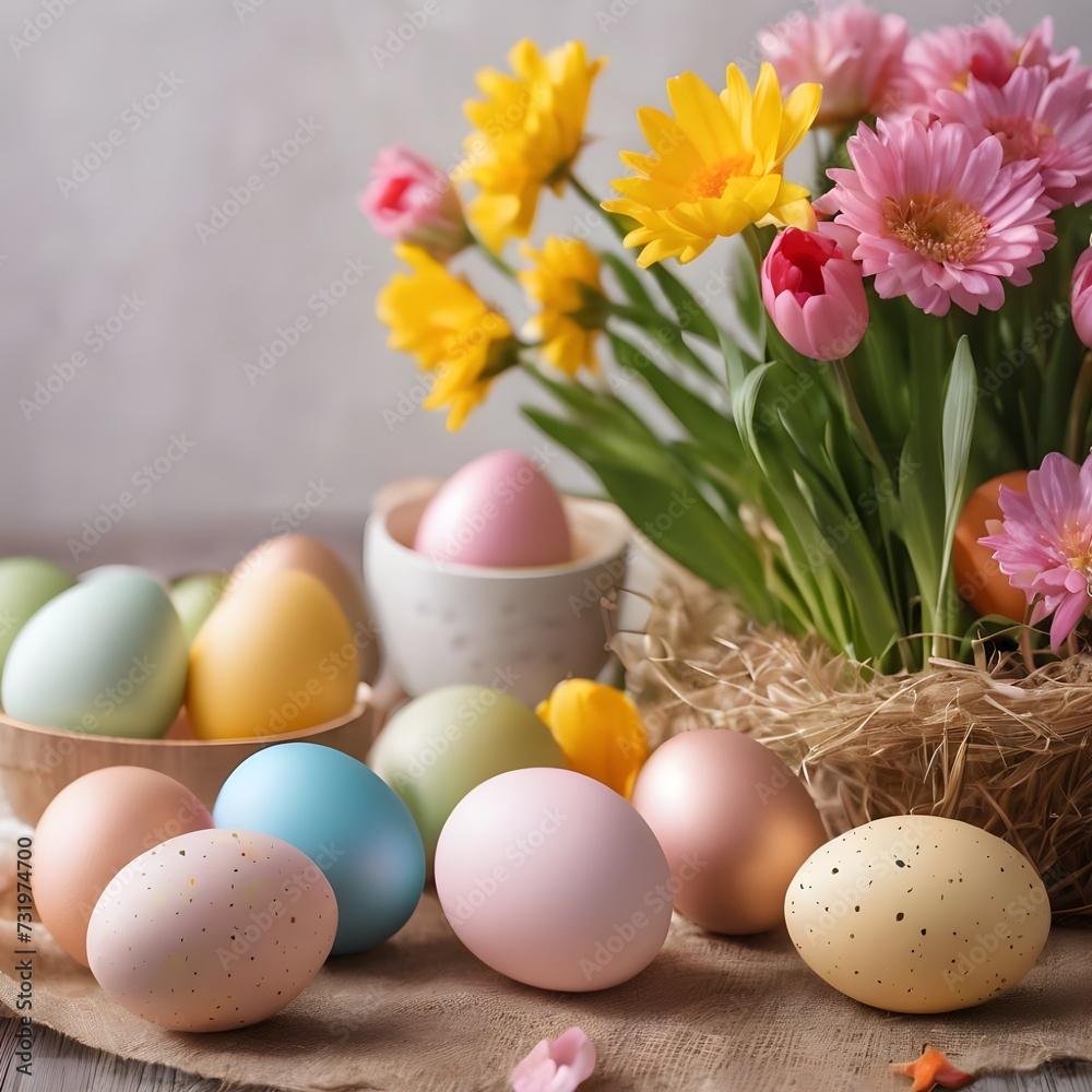 Happy Easter. Congratulatory easter background. Easter eggs and flowers Happy Easter. Congratulatory easter background. Easter eggs and flowers