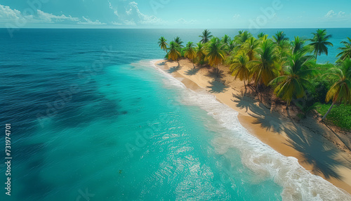 Aerial drone view of tropical beach with palm trees and clear turquoise ocean,generative ai