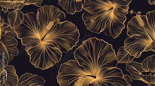 Hibiscus flowers dark gold, seamless pattern. Generative Ai
