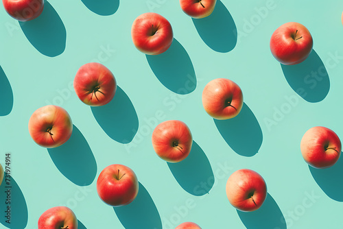 the pattern has several red apple on the turquoise ba