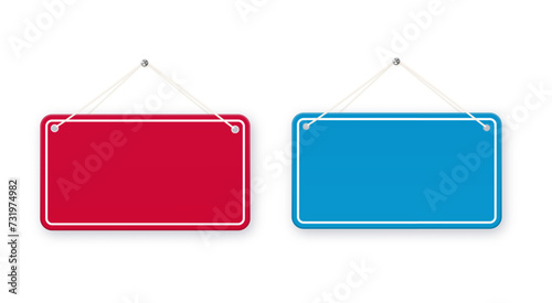 Red and blue shop door signs hanging isolated . Empty or blank sign for store, restaurant or cafe. Vector