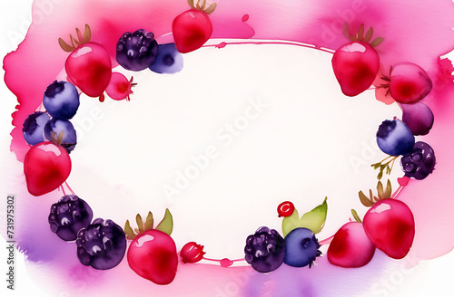 watercolor frame made of various berries, raspberries, blueberries , with an empty space for text