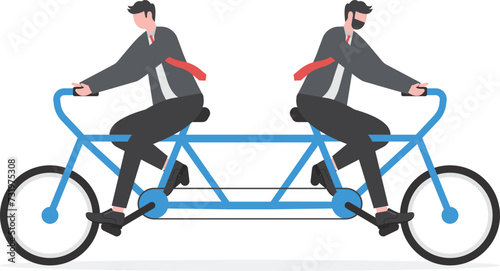 Business conflict, controversy or disagreement causing problem and failure concept, businessman colleagues or working team trying hard riding bicycle in opposite direction.


