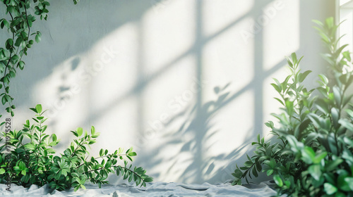 Abstract shadow patterns on a white wall, created by sunlight filtering through tropical plant leaves © Nilima