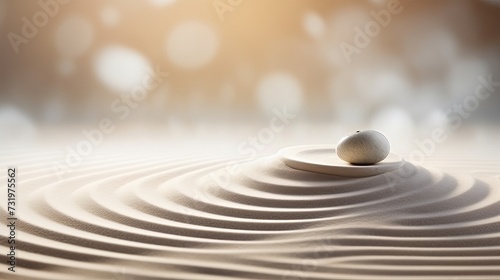 Tranquil zen garden meditation with serene stone and gentle wave on sandy background