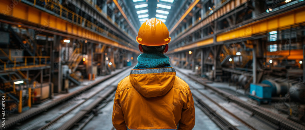 back of the head mid shot of male steel working wearing orange hat standing in the middle of a modern and clean steel plant,generative ai