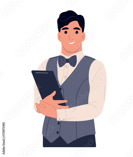 National Waiters Day. Young smiling waiter holding a menu. Vector flat illustration