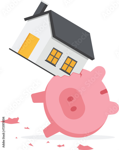 House expense and cost, too expensive payment or high interest rate mortgage concept, heavy house broke savings piggybank metaphor of too much payment and cost.

