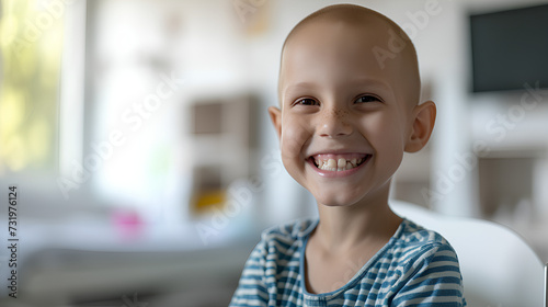 A child is smiling in a hospital bed, a cancer patient. Cancer Day. photo