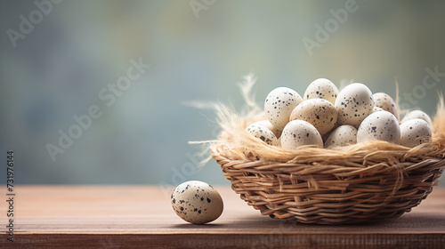 Quail eggs in a basket, Easter background copy space.