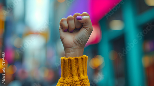 A woman's raised fist in honor of International Women's Day. March 8 - for feminism, independence, freedom, empowerment and active struggle for women's rights.