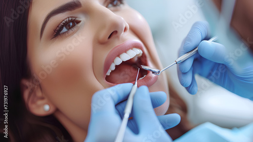 A close-up of a woman undergoing a dental examination at the dentist. Oral hygiene.