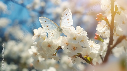 Butterfly on white spring flower in morning sunlight, soft focus macro background © Aliaksandra