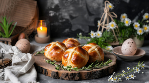 Beautiful rustic composition with British Easter dish Hot-cross buns, Easter eggs, herbs and flowers.  photo