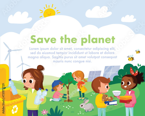 Eco friendly habits. Renewable energy from renewable resources. Wind turbines, solar panels. Children, kids pick up, collect garbage, litter and plant trees, plants. Environmental protection.