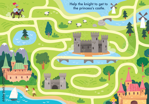 Vector labyrinth colorful maze for children, with fortress fort, medieval fairytale magical magic royal palace, fairy castle. Country side.