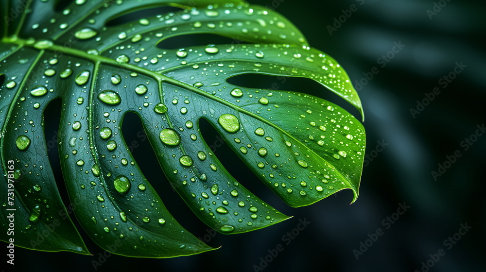 close-up of a vibrant green monstera leaf with raindrops, displaying the intricate patterns and natural beauty of plant life close-up of a vibrant green monstera leaf with raindrops, displaying the intricate patterns and natural beauty of plant life