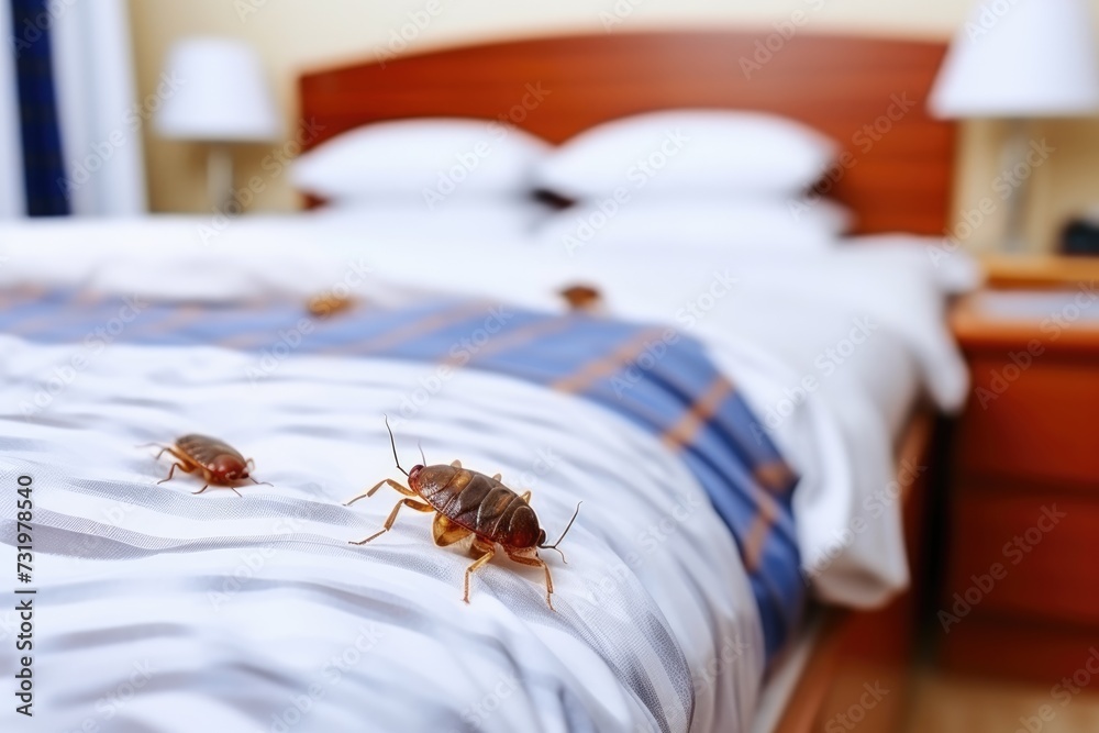 A lot bedbugs in hotel room on the bad, copy space A lot bedbugs in hotel room on the bad, copy space