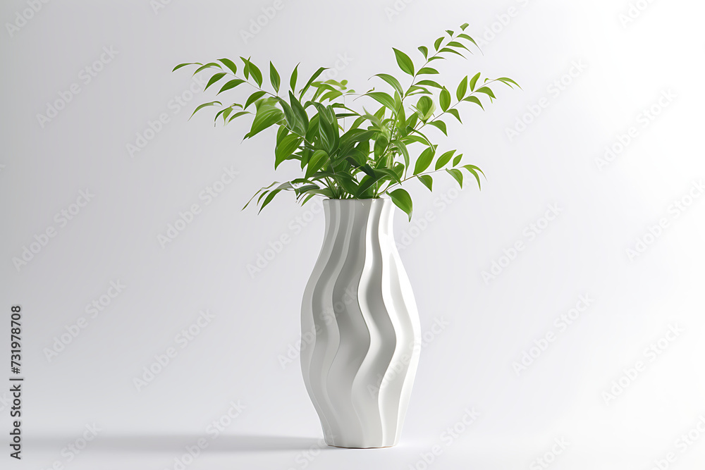 white vase stand with green leaves inyle of li - obrazy, fototapety, plakaty 