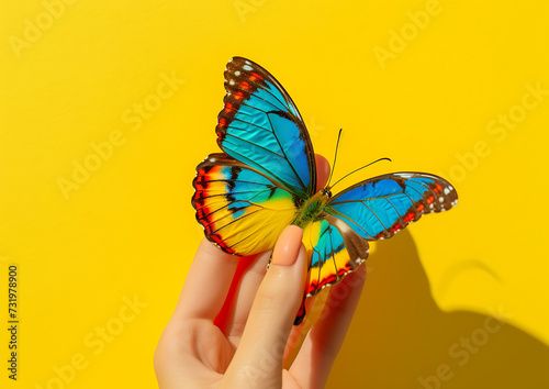 womans hand holding a colorful butterfly isolated on 
