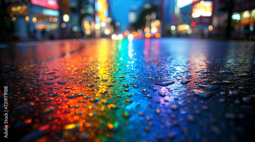 vibrant street after rain, reflecting neon lights on the wet ground