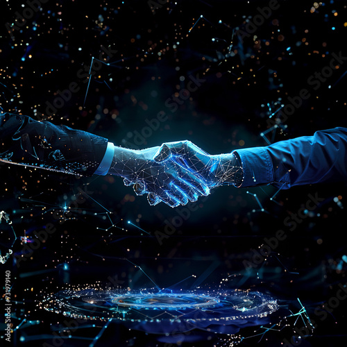 Affaires, business avec le numérique. Accord numérique, poignée de mains, signature virtuelle. 2 personnes qui se serrent la main dans un monde virtuel numérique. © Noble Nature