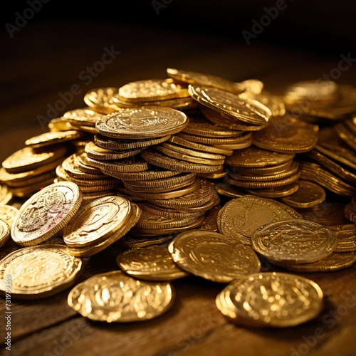 pile of old gold coins on grunge wooden table. 