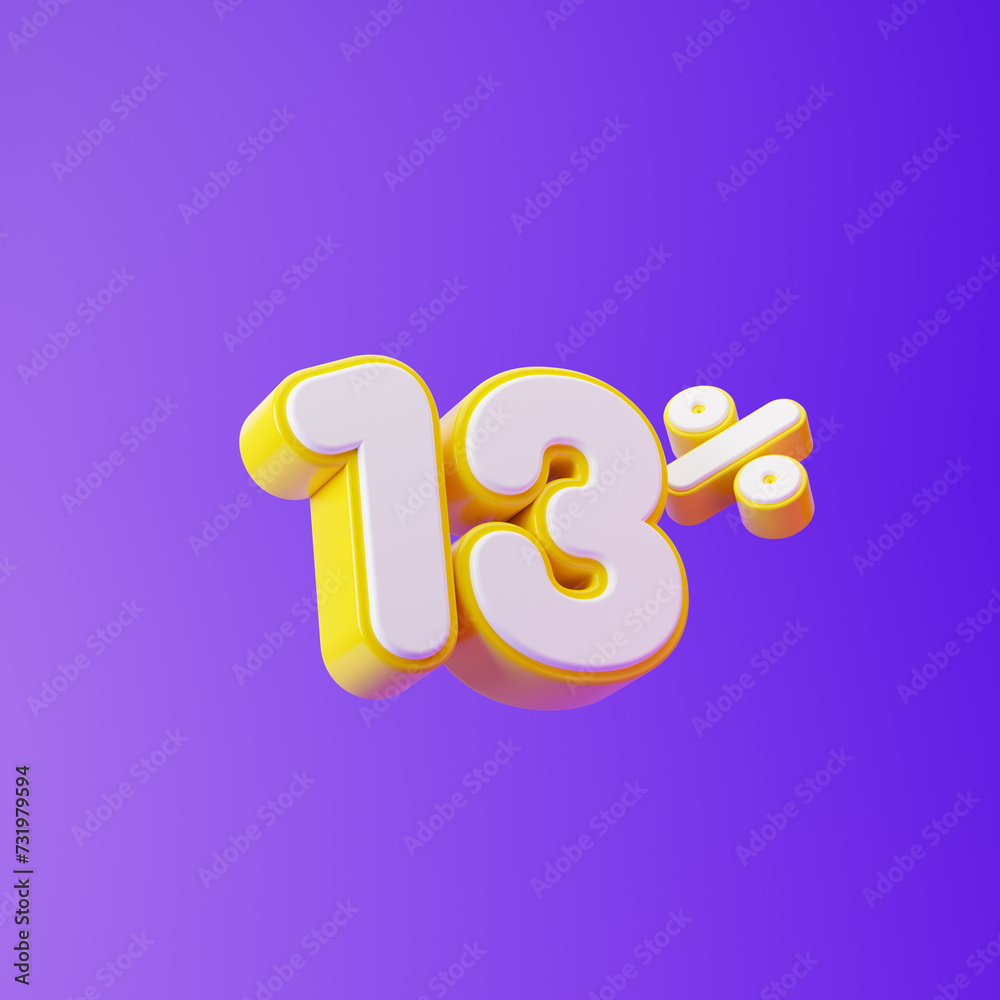 White thirteen percent or 13 % with yellow outline isolated over purple background. 3D rendering. White thirteen percent or 13 % with yellow outline isolated over purple background. 3D rendering.