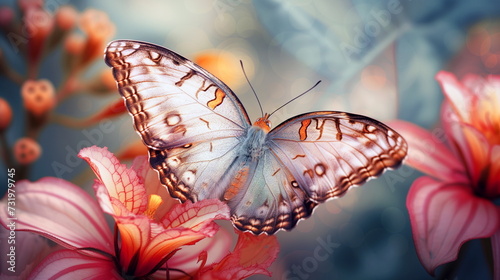 majestic butterfly with intricately patterned wings delicately lands on the lush petals of a vibrant lily, against a backdrop of soft-focus, glistening lights