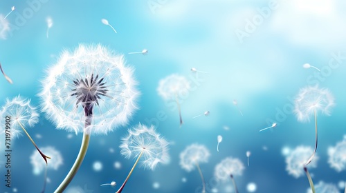 Beautiful spring background with delicate white dandelions in full bloom on a sunny day