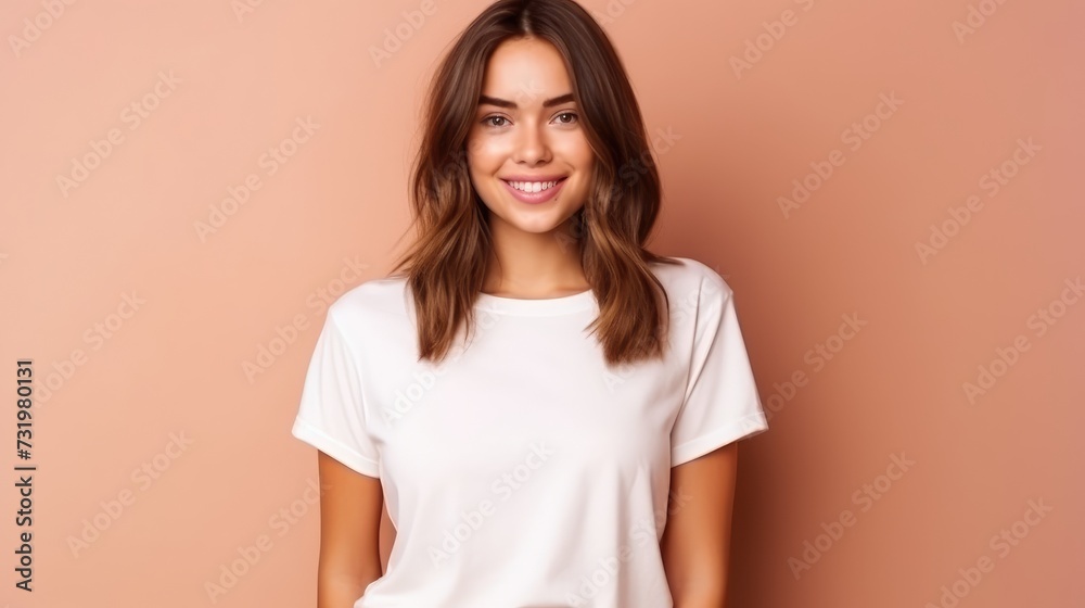 Young woman in a white t-shirt posing against a beige background. Young woman in a white t-shirt posing against a beige background.