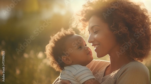 Woman with curly hair holding a baby in a field.
