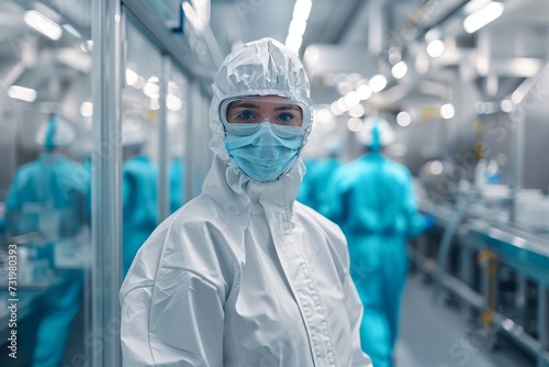 Research scientist in sterile suit and protective glasses working in clean manufacturing laboratory. Product manufacturing process: pharmaceutics, semiconductors, computer chips.